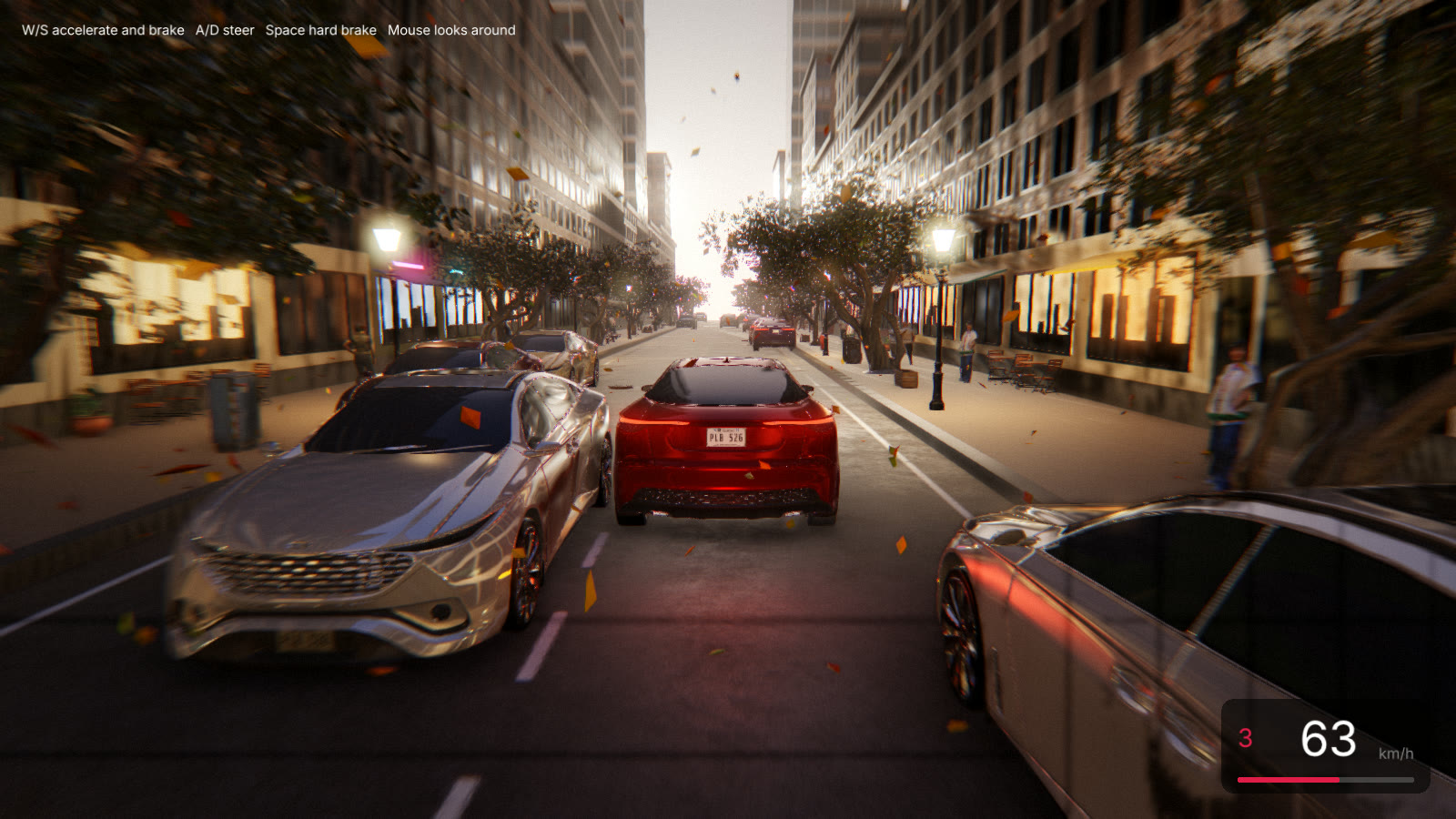 Driving a red car through traffic on a detailed street