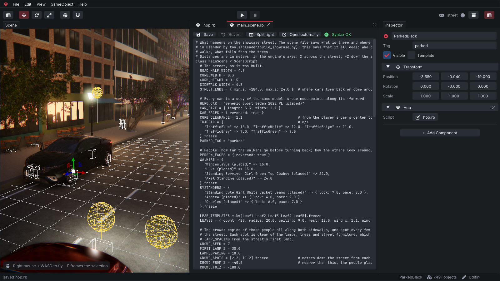 The RedGem editor with a scene and a Ruby script open