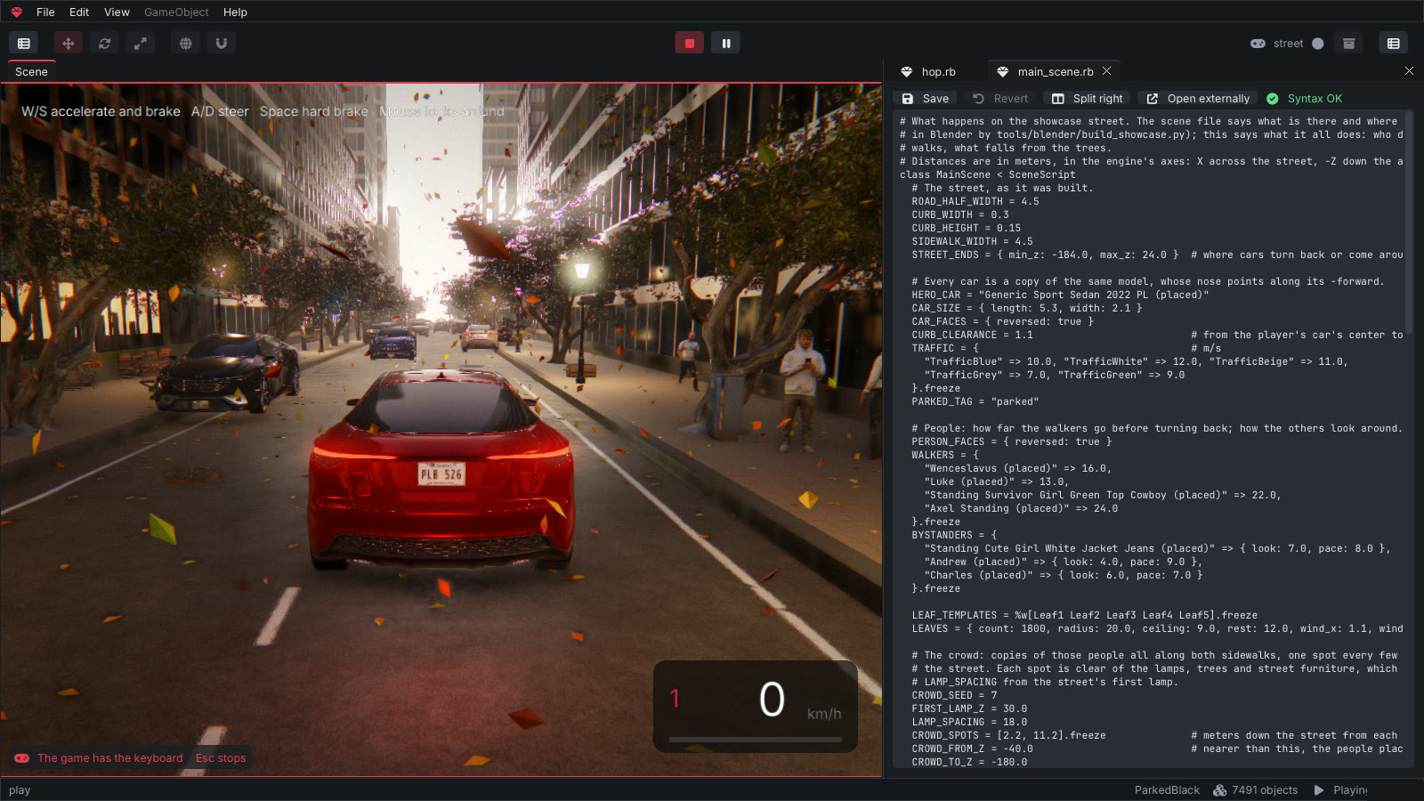 The game running inside the editor next to its code